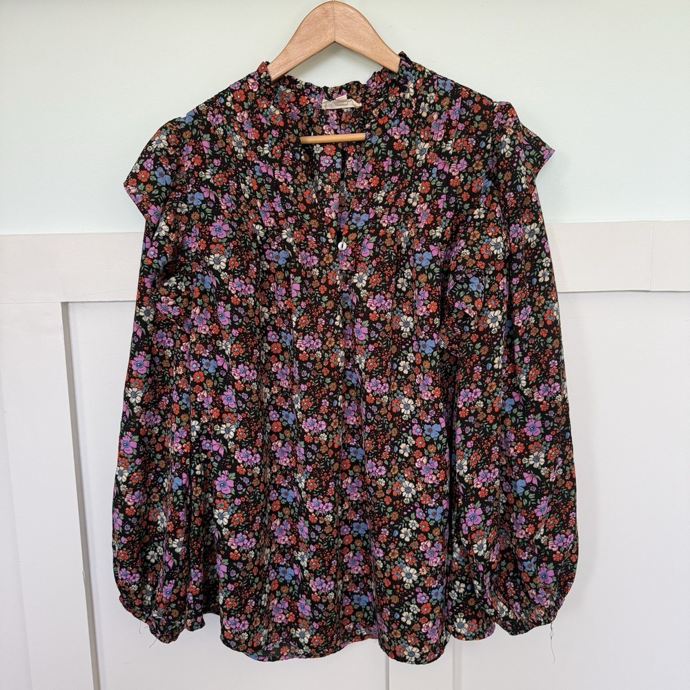 Entro Ditzy Floral Blouse Size 1X Balloon Sleeve Ruffle Cottage Coquette - Picture 2 of 9